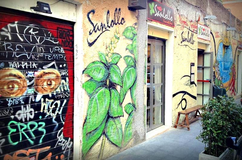 Facciata esterna con murale di una pianta verde e insegna Sanlollo, saracinesca con graffiti a sinistra.