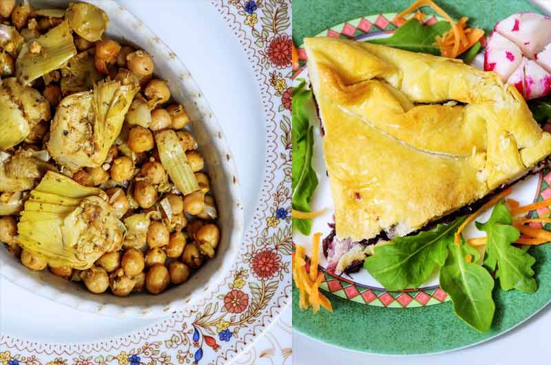 Ceci e carciofi in una ciotola bianca; fetta di torta salata con crosta dorata su piatto verde con rucola e carote.