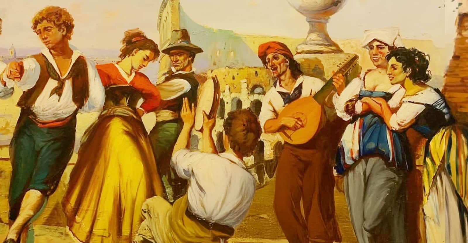 Dipinto di scena popolare romana con musicista che suona il liuto, danzatori in costume e rovine sullo sfondo.