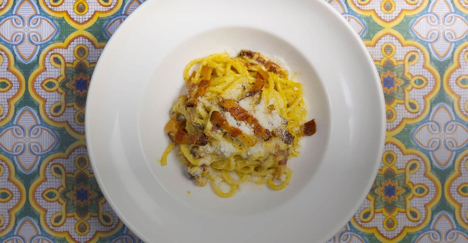 Spaghetti conditi con uovo e formaggio, sormontati da strisce di guanciale croccante, in un piatto bianco fondo.