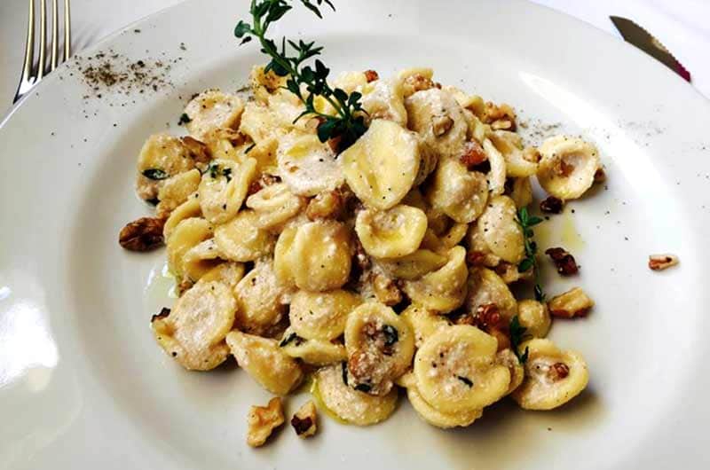 Piatto di pasta a conchiglia con noci sminuzzate e un rametto di erba aromatica al centro.