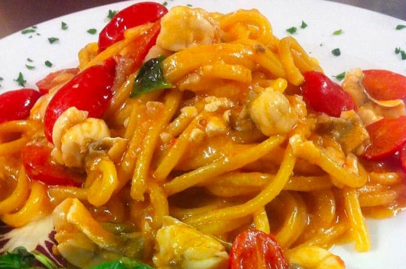 Piatto di spaghetti con sugo rosso, pomodorini, frutti di mare e crostacei su fondo bianco.