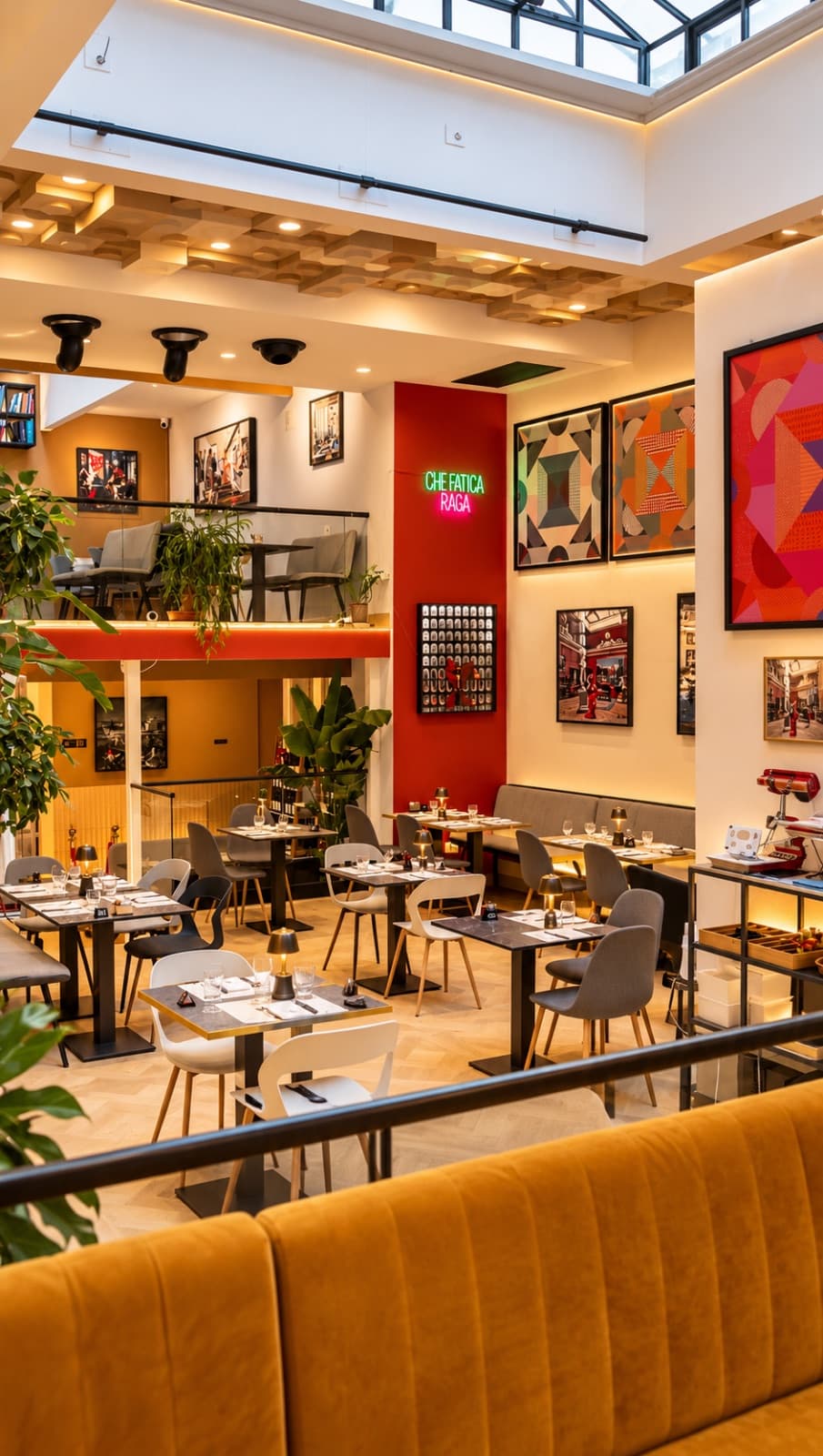 Sala su due livelli con tavoli neri e sedie bianche e grigie, parete rossa con insegna al neon e quadri geometrici colorati.