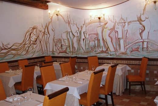 Sala con mural dipinto su fondo chiaro che rappresenta figure stilizzate e profili di edifici.